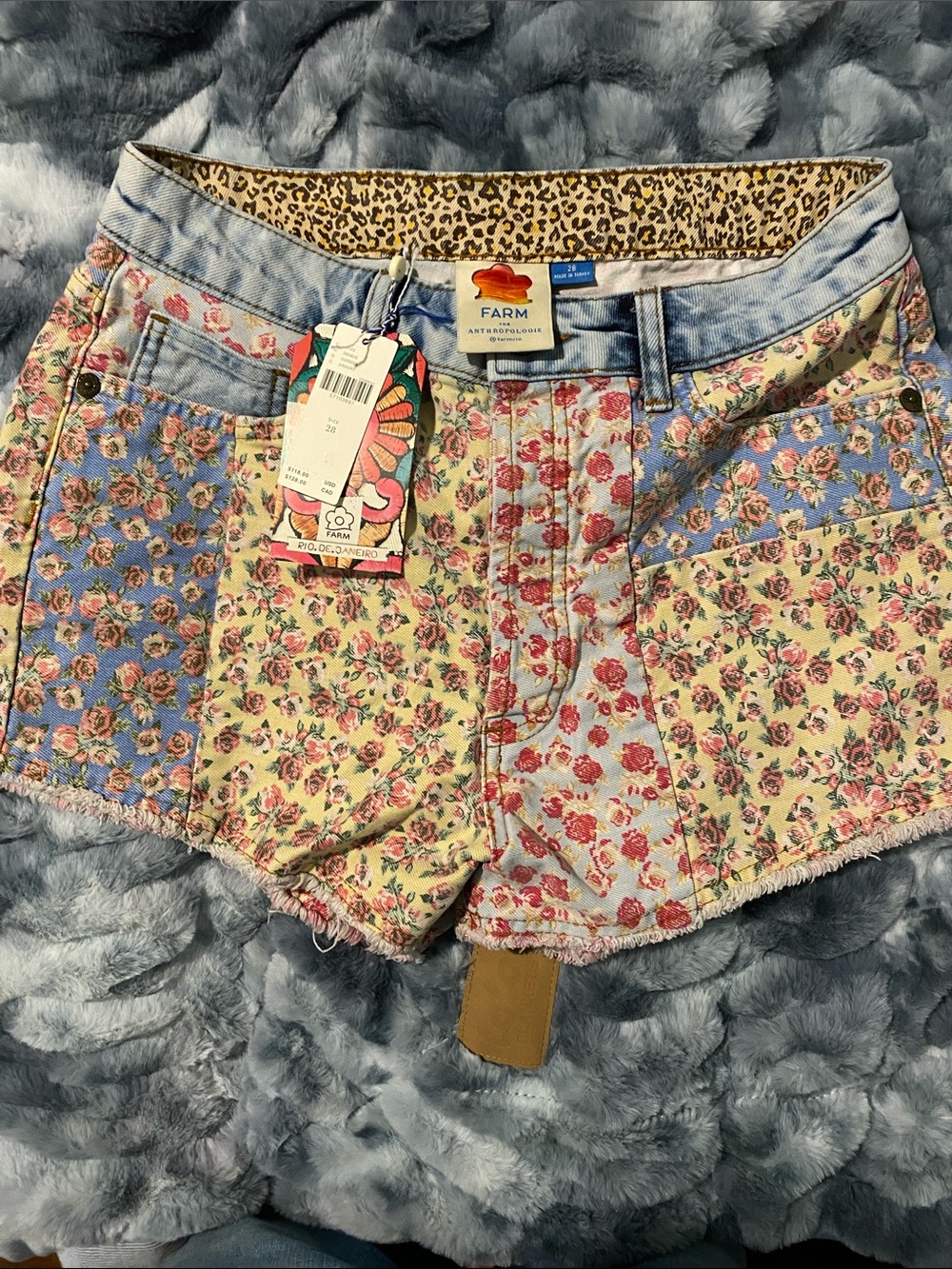 FARM Rio Patchwork Floral Denim Shorts in Blue, Yellow, Pink